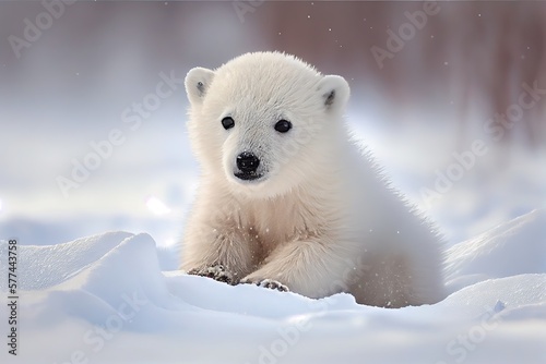 Cute Arctic Polar Bear Enjoying Winter Playtime in Snowy Wonderland: Generative AI