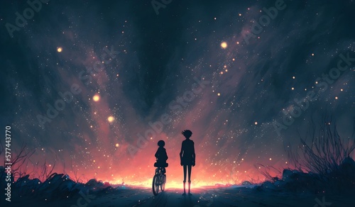 young couple look at mysterious light in the night sky  digital art style  illustration painting  Generative AI