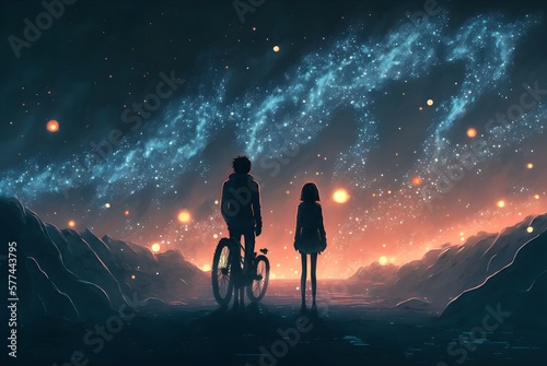 young couple look at mysterious light in the night sky  digital art style  illustration painting  Generative AI