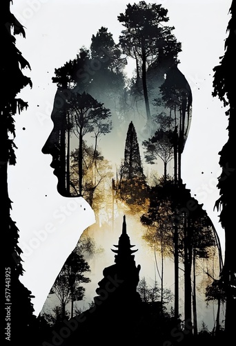 Yoga and Prayer: Double Exposure of Buddha and Forest Reflects Spiritual Journey: Generative AI