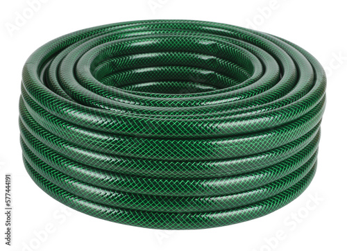 Coiled flexible tube watering garden hose hosepipe isolated on white background