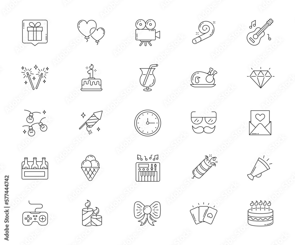 Fototapeta premium Celebration, birthday, linear icons. Vector illustration.