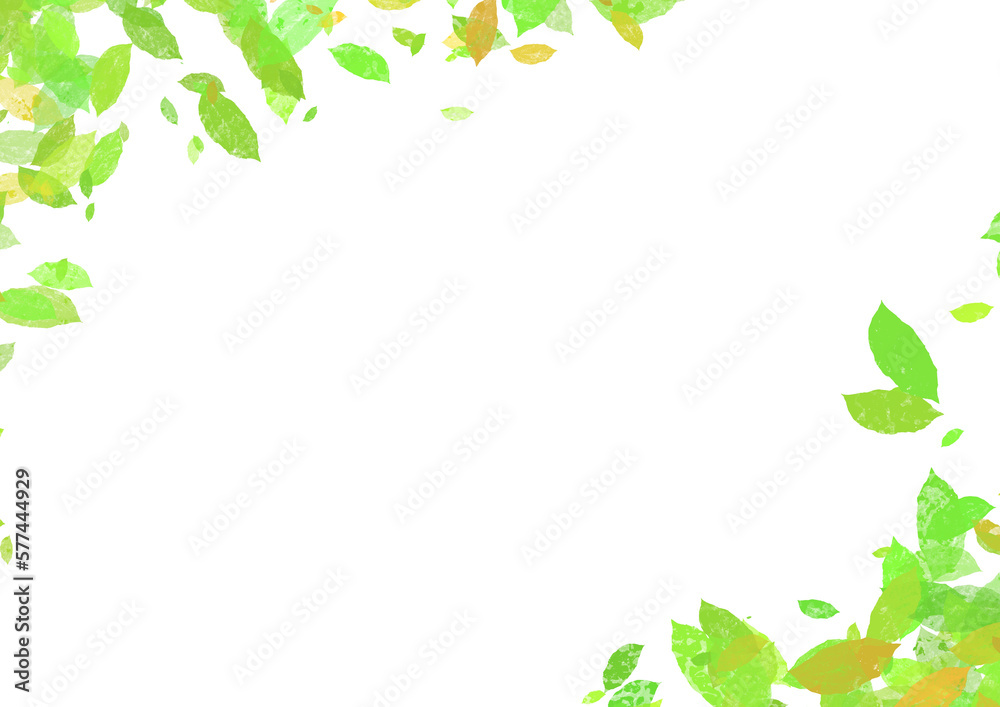 黄緑の葉っぱが舞い上がる手描きのフレーム素材 黄緑の葉っぱが舞い上がる手描きのフレーム素材