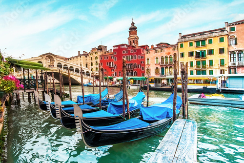 magical landscape with gondolas and boats on the Grand Canal in Venice  Italy. popular tourist attraction. Wonderful exciting places.