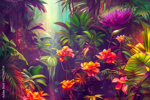 Tropical Dreamscape  A Sharp and Detailed Painting of an Exotic Jungle with Blossoms and Light Effects
