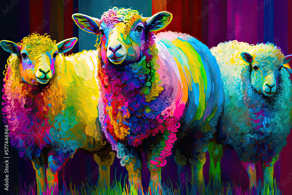 colourful sheep. Generative AI image.