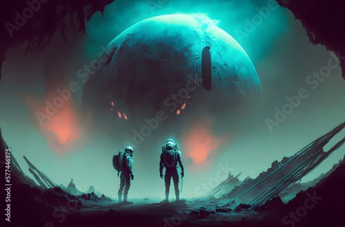 sci-fi horror scene of two astronauts found the mysterious alien egg, digital art style, illustration painting, Generative AI