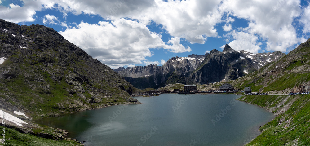 Panorama of the Gran San Bernardo lake on the Sain Bernard pass on the border of Switzerland and Italy. Panorama of the Gran San Bernardo lake on the Sain Bernard pass on the border of Switzerland and Italy.