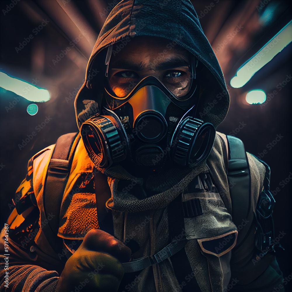 Portrait of a surviving stalker in an old gas mask against an ...