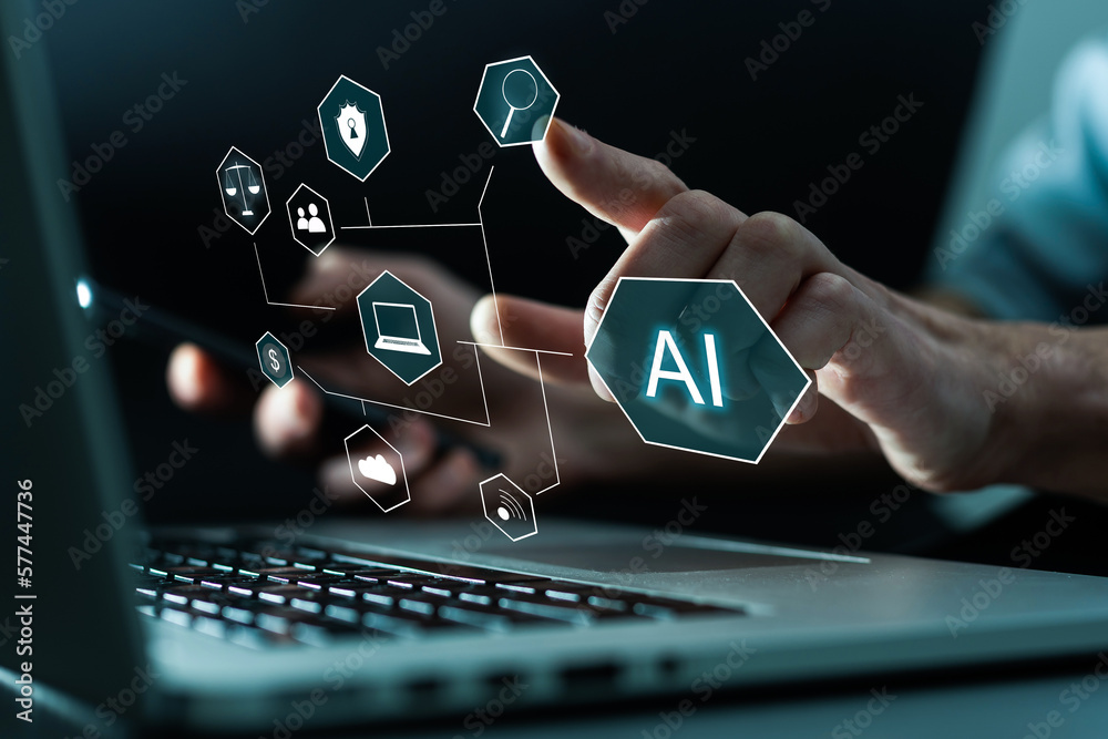 Fotografie Hand touching digital chatbot for provide access to information and data in onli