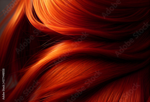 Red hair closeup background. Close up texture of long permed hair.