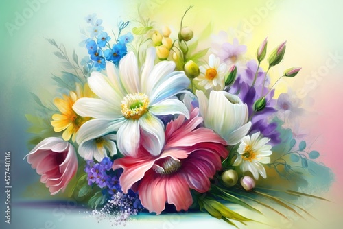 Bouquet of fresh spring flowers on light colorful background. Generative AI