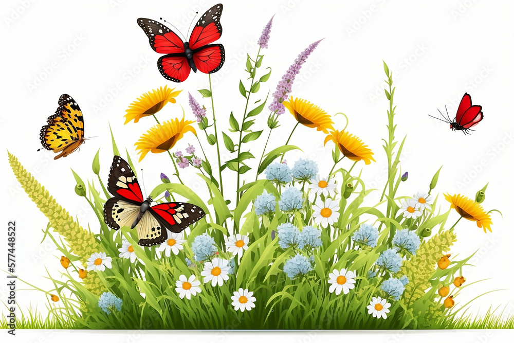 A field of spring summer wildflowers with butterflies and grass, background,
Generative AI Technology