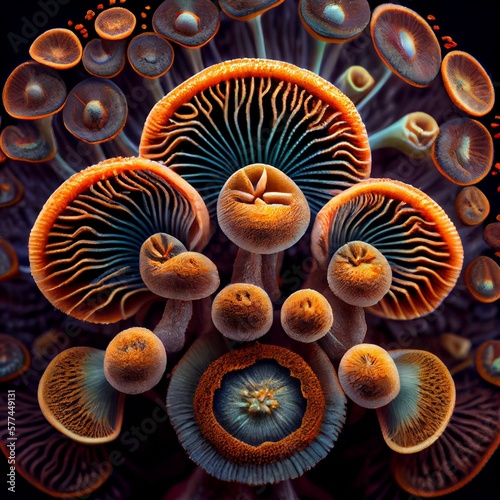 A plant of mushrooms looks from a microscope. Generative AI. 