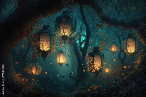 Lanterns in the fairy forest fantasy. Generative AI