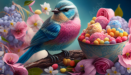 uccello colorato di primavera, dolcetti e dolci, generative ai photo