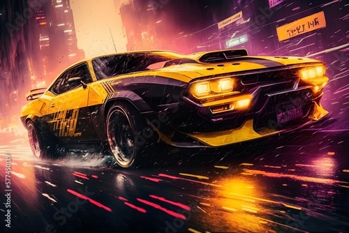 Black and Yellow Camaro driving in a cyberpunk city   Synthwave style Ai Generated cyberpunk wallpaper/background   © Skrotaa