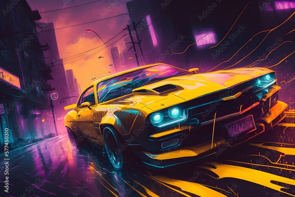 Yellow Camaro driving through a cyberpunk city | Synthwave style Ai