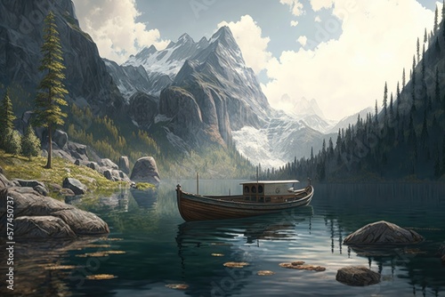 Boat on the mountain lake. Generative AI