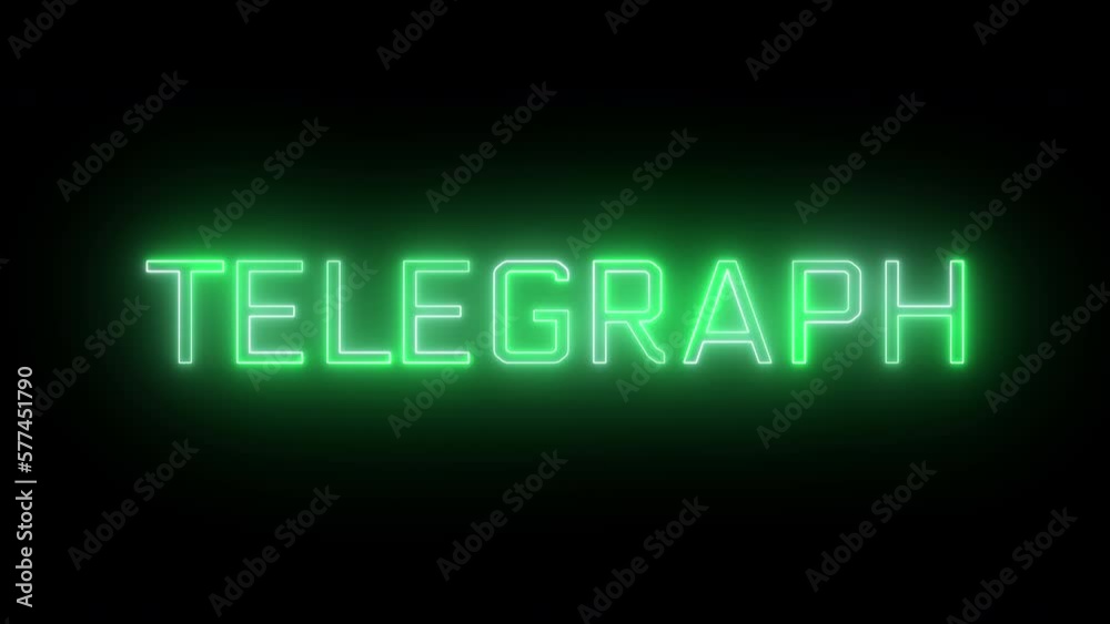 Glowing green neon sign black background. Telegraph text animation