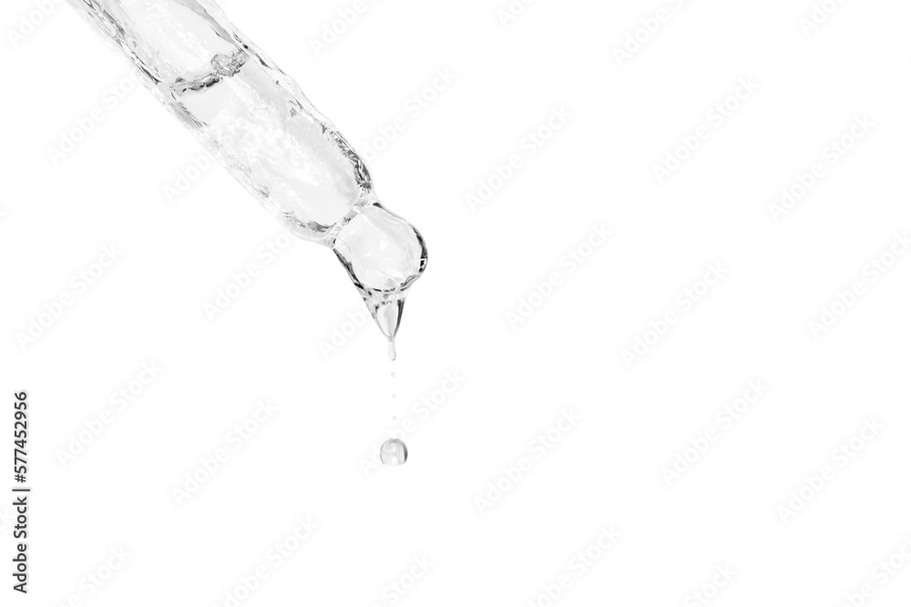 Cosmetic pipette with dripping liquid and drops on the south, white isolated background, serum, serum, gel, vitamin, water, oil. Cosmetic pipette with dripping liquid and drops on the south, white isolated background, serum, serum, gel, vitamin, water, oil.