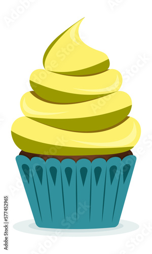 Delicious cupcake with cream and fruits and berries. Vector illustration dessert. Cupcake for cards and invitations.