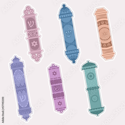 Set of 6 multi-colored decorated mezuzahs (doorposts)
