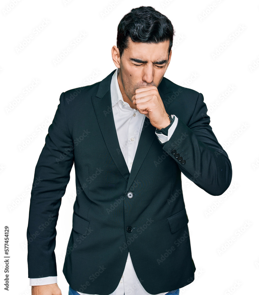 Handsome hispanic man wearing business clothes feeling unwell and coughing as symptom for cold or bronchitis. health care concept. Handsome hispanic man wearing business clothes feeling unwell and coughing as symptom for cold or bronchitis. health care concept.