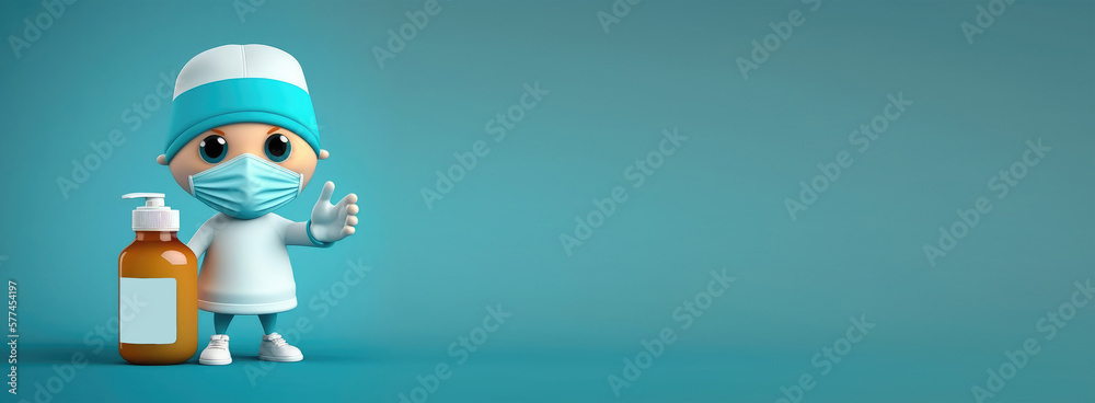 banner with empty space. Cute Cartoon little doctor with a surgical mask and a bottle of hand sanitizer.. Character with Room for Copy. Empty flat background. Generative ai. banner with empty space. Cute Cartoon little doctor with a surgical mask and a bottle of hand sanitizer.. Character with Room for Copy. Empty flat background. Generative ai.