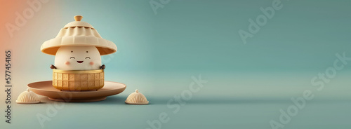  banner with empty space. Cute Cartoon little plate of dim sum with a friendly face and a steamer basket hat. Character with Room for Copy. Empty flat background. Generative ai.