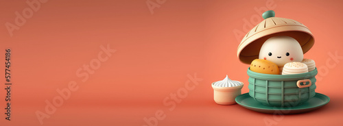  banner with empty space. Cute Cartoon little plate of dim sum with a friendly face and a steamer basket hat. Character with Room for Copy. Empty flat background. Generative ai.