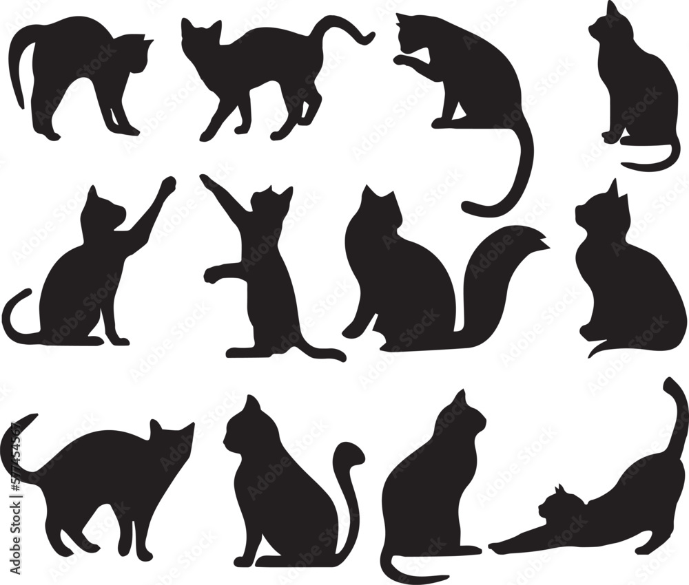 Set Of Cats Silhouettes On A White Background Set Black Silhouettes Of