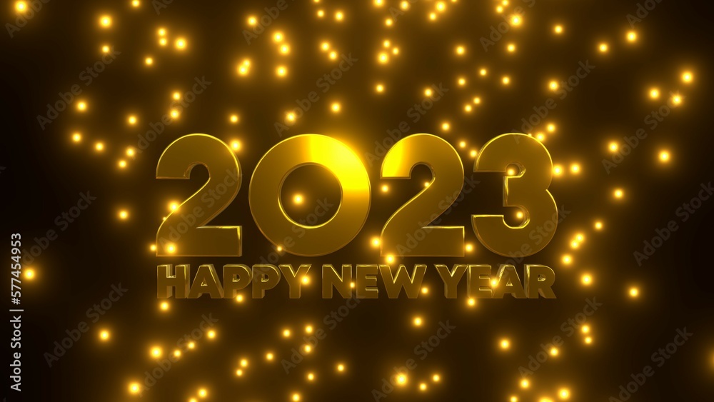 Happy New Year 2023 with golden falling particle on black background. Happy New Year 2023 with golden falling particle on black background.