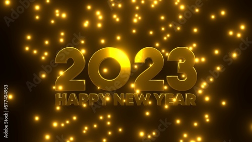 Happy New Year 2023 with golden falling particle on black background.