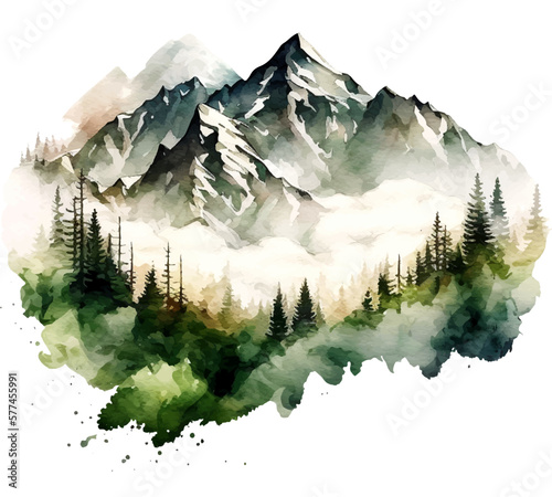 mountains watercolor forest wild nature. vector watercolor mountain range with high peaks against the blue sky. graphics design for wedding invitations and pictures on wall posters art. vector 