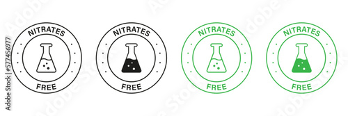 Nitrates Free Green and Black Stamp Set. No Nitrate Label. Free Nitrites in Food Ingredient Symbol. Nutrition Certified Control Not Nitrate Sign. Guarantee Non Nitrite. Isolated Vector Illustration