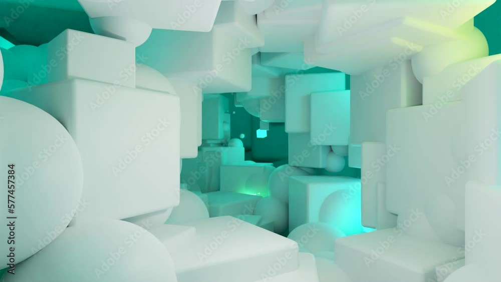 flying in futuristic cubic corridor, bright. Cube structure. abstract ...