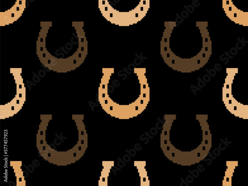 Fototapeta Naklejka Na Ścianę i Meble -  Pixel horseshoes seamless pattern. Happy Saint Patrick's Day. Symbol of good luck and happiness 8 bit horseshoe in retro video game style. Vector illustration