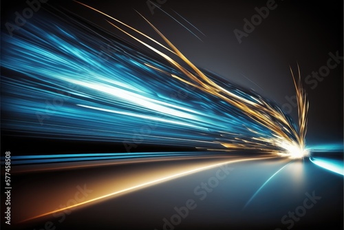 Leinwand Poster Abstract of speed car racing of taillight in streak with blue and gold color concept