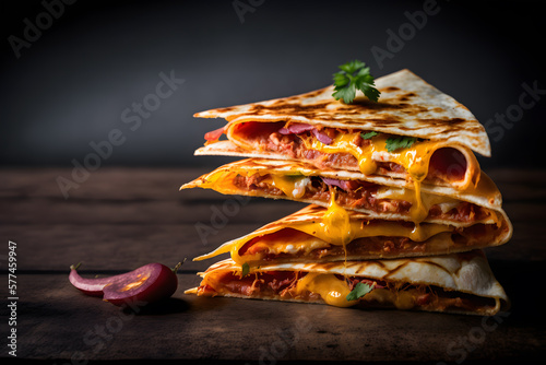 Spicy and hot quesadilla made of tortilla, ham and cheese made with Generative AI