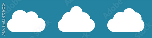 White cartoon clouds set isolated on blue background. Collection of different clouds for background template, wallpaper and fluffy sky design. Flat clouds concept. Clouds vector illustration