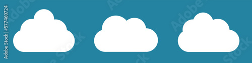 White cartoon clouds set isolated on blue background. Collection of different clouds for background template, wallpaper and fluffy sky design. Flat clouds concept. Clouds vector illustration