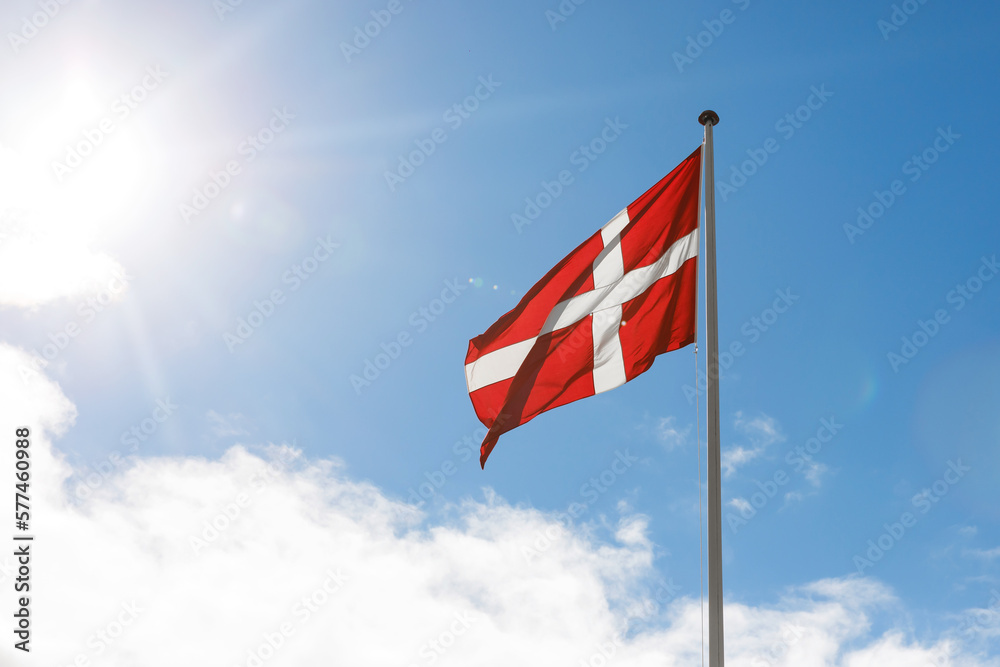 Danish flag waving on the blue sky sun glare background. Danish flag waving on the blue sky sun glare background.