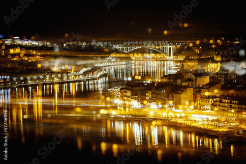 Iconic view of Porto town at night with effects.