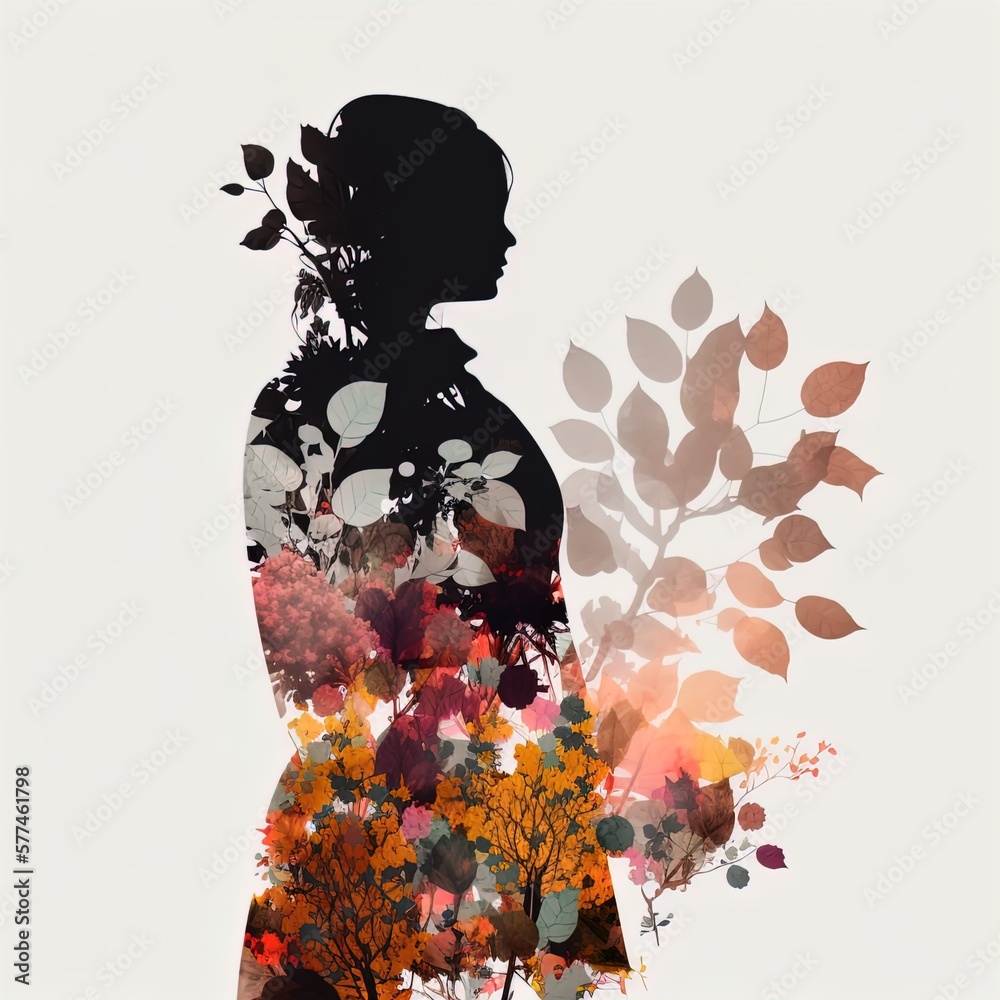 Fototapeta premium Surreal double exposure image of woman and flowers. Great for ads, book covers, posters and more. 