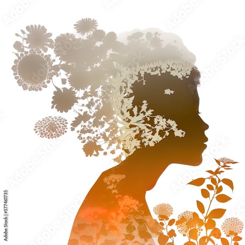 Surreal double exposure image of woman and flowers. Great for ads  book covers  posters and more. 