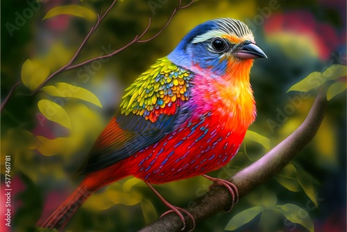 Colorful small bird on branch. Generative AI illustration