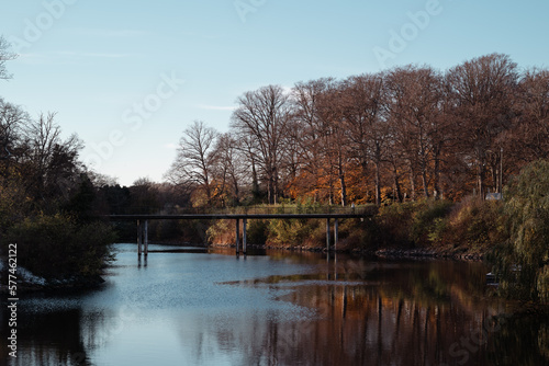Vertical shot of a bridge over a lake in Slottsparken in Malmö,Sweden with colorful autumn leaves