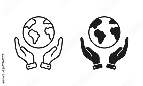 World Environment Conservation Line and Silhouette Icon Set. Hand Hold Planet Earth Pictogram. Human Protect Environmental Nature Symbol Collection on White Background. Isolated Vector Illustration