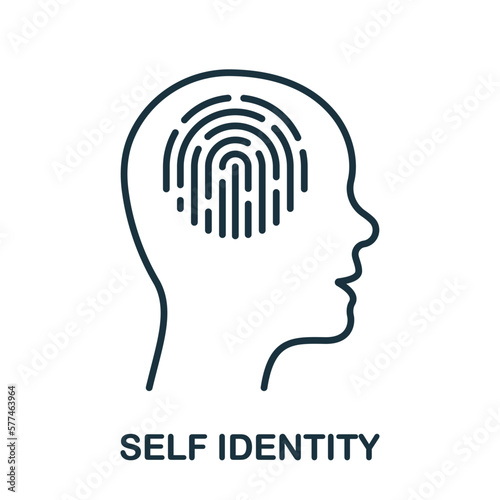 Self Identity Line Icon. Fingerprint in Human Head Linear Pictogram. Identify Thumbprint Outline Sign. Self Identification. Intellectual Process Symbol. Editable Stroke. Isolated Vector Illustration